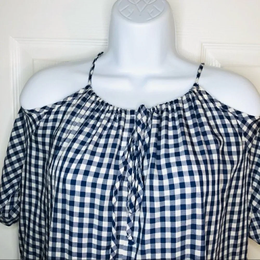 Velvet Graham & Spencer Gingham Cold Shoulder Top Blue White XS